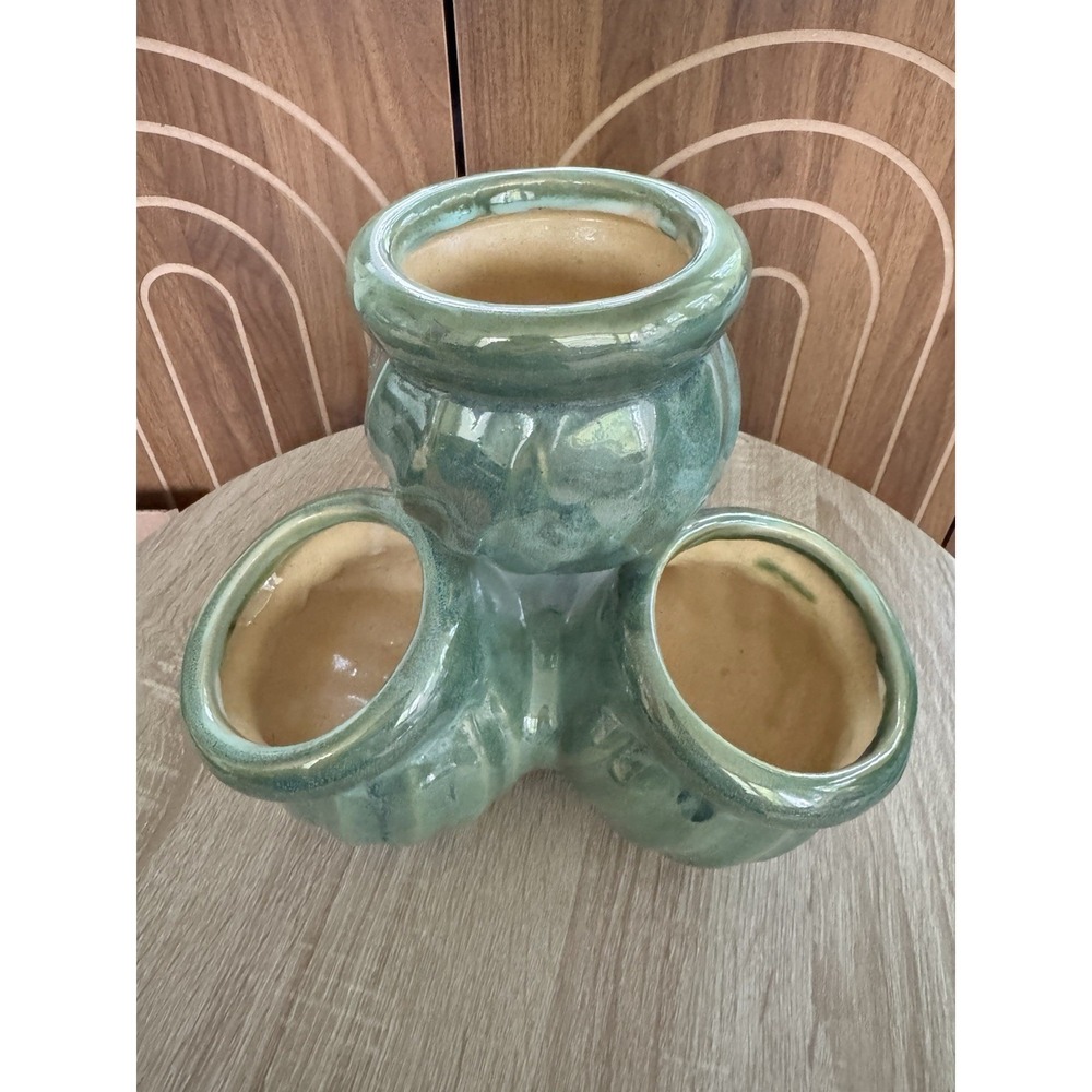Vintage MCM 4 Pot Strawberry Planter Studio Art Pottery Green Drip Glaze, Rare